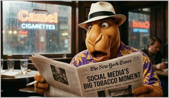 Illustration: a Joe Camel-style figure reading a newspaper headlined 'Social Media's Big Tobacco Moment.'